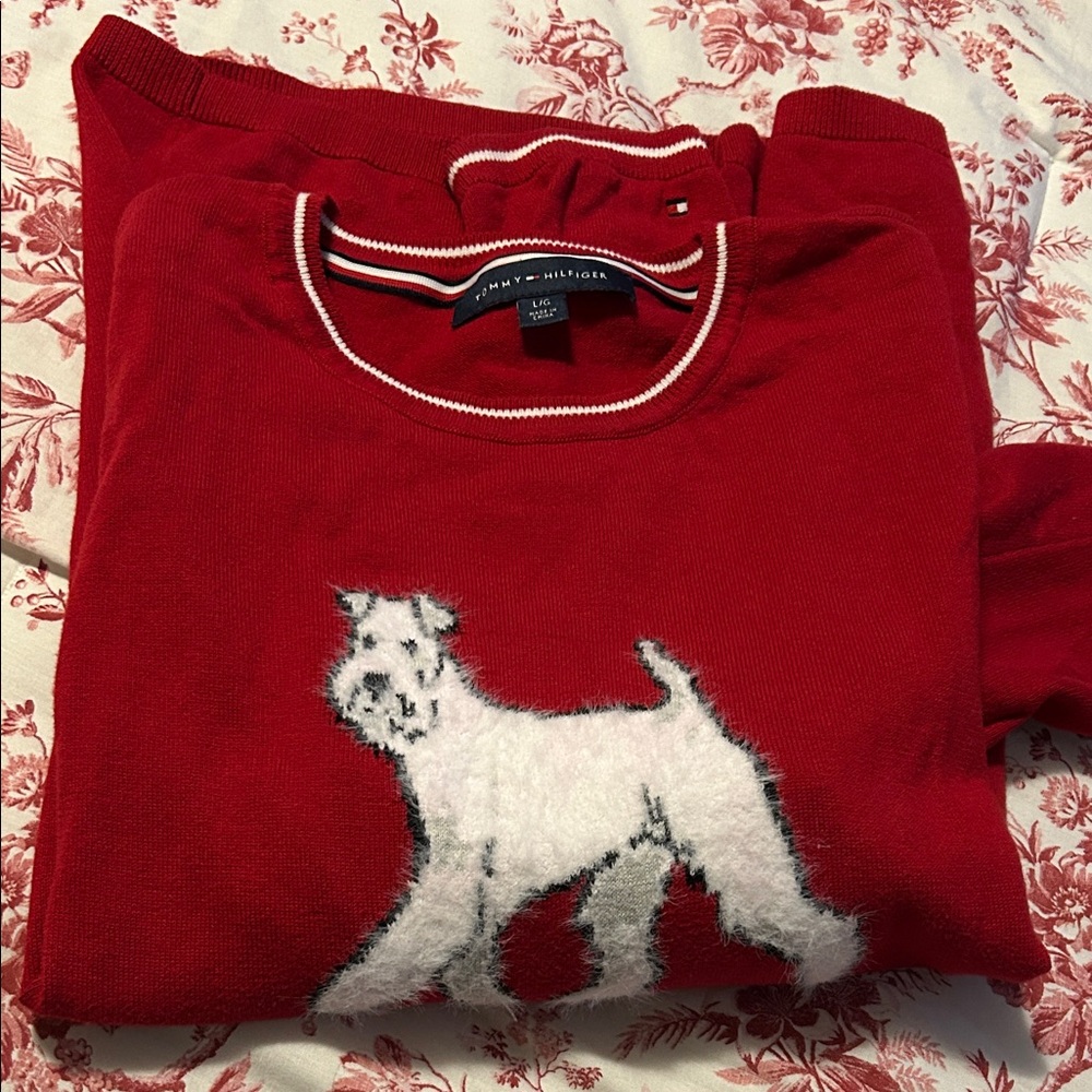Tommy Hilfiger Red Knit Dog Sweater with White Dog Motif
